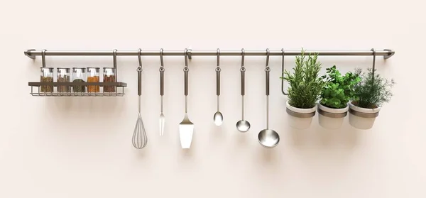 Kitchenware, dry bulk and live seasonings in pots hang on the wall. 3d rendering