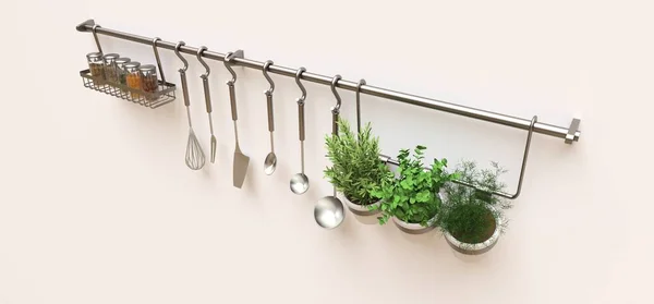 Kitchenware, dry bulk and live seasonings in pots hang on the wall. 3d rendering
