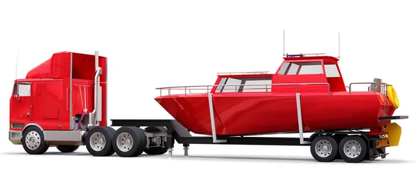 Grande Caminhão Vermelho Com Reboque Para Transportar Barco Fundo Branco — Fotografia de Stock