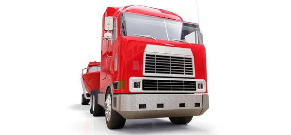 Big Red Truck Trailer Transporting Boat White Background Rendering — Stock Photo, Image