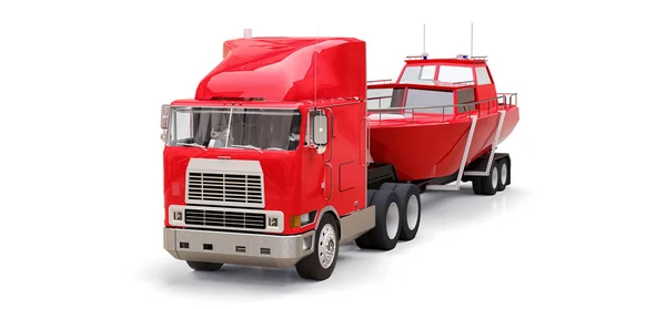 Grande Caminhão Vermelho Com Reboque Para Transportar Barco Fundo Branco — Fotografia de Stock