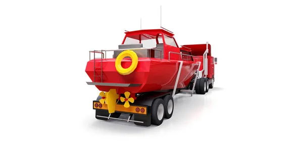 Grande Caminhão Vermelho Com Reboque Para Transportar Barco Fundo Branco — Fotografia de Stock