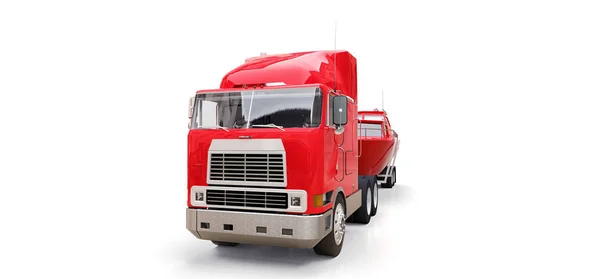 Grand Camion Rouge Avec Remorque Pour Transport Bateau Sur Fond — Photo