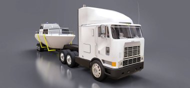 Büyük beyaz bir kamyonet gri bir arka plan üzerinde bir tekne taşıma için bir römork ile. 3D render