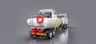 Büyük beyaz bir kamyonet gri bir arka plan üzerinde bir tekne taşıma için bir römork ile. 3D render