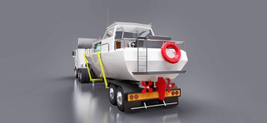 Büyük beyaz bir kamyonet gri bir arka plan üzerinde bir tekne taşıma için bir römork ile. 3D render