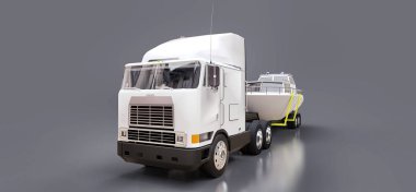 Büyük beyaz bir kamyonet gri bir arka plan üzerinde bir tekne taşıma için bir römork ile. 3D render
