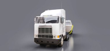 Büyük beyaz bir kamyonet gri bir arka plan üzerinde bir tekne taşıma için bir römork ile. 3D render