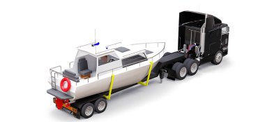 Beyaz zemin üzerinde bir tekne taşıma için bir römork ile büyük bir siyah kamyon. 3D render