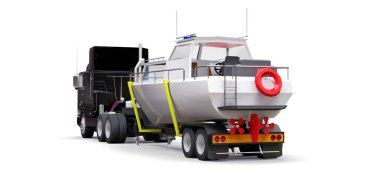 Beyaz zemin üzerinde bir tekne taşıma için bir römork ile büyük bir siyah kamyon. 3D render