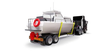 Beyaz zemin üzerinde bir tekne taşıma için bir römork ile büyük bir siyah kamyon. 3D render