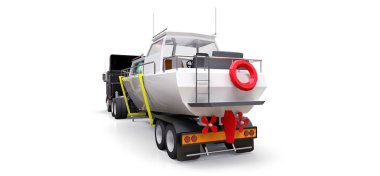 Beyaz zemin üzerinde bir tekne taşıma için bir römork ile büyük bir siyah kamyon. 3D render