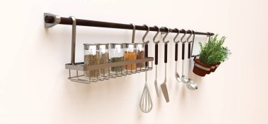 Mutfak eşyaları, kuru dökme ve tencere canlı baharatlar duvara asmak. 3D render