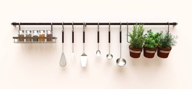 Mutfak eşyaları, kuru dökme ve tencere canlı baharatlar duvara asmak. 3D render