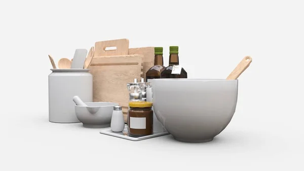 Keukengerei Olie Ingeblikte Groenten Een Pot Een Witte Achtergrond Rendering — Stockfoto