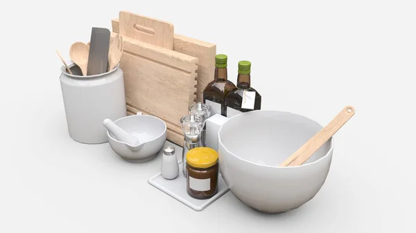 Кухонне Начиння Олія Консервовані Овочі Банці Білому Тлі Візуалізація — стокове фото