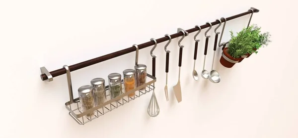 Kitchenware, dry bulk and live seasonings in pots hang on the wall. 3d rendering