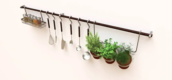 Kitchenware, dry bulk and live seasonings in pots hang on the wall. 3d rendering