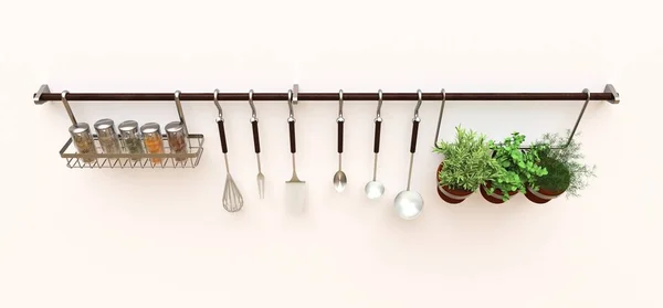 Kitchenware, dry bulk and live seasonings in pots hang on the wall. 3d rendering