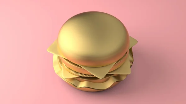 Cheeseburger minimale in oro 3d su sfondo rosa. rendering 3d. — Foto Stock