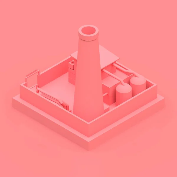 Isometric cartoon factory in the style of Minimal. Pink building on a pink background. 3d rendering.