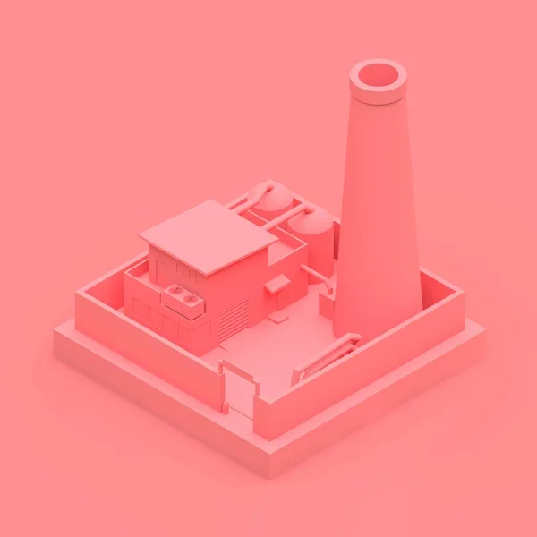 Isometric cartoon factory in the style of Minimal. Pink building on a pink background. 3d rendering.