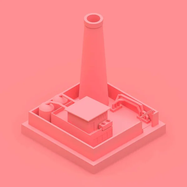 Fábrica de desenhos animados isométricos no estilo de Minimal. Edifício rosa sobre um fundo rosa. Renderização 3d . — Fotografia de Stock