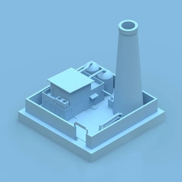 Isométrica fábrica de dibujos animados en el estilo de Minimal. Edificio azul sobre fondo azul. renderizado 3d . —  Fotos de Stock