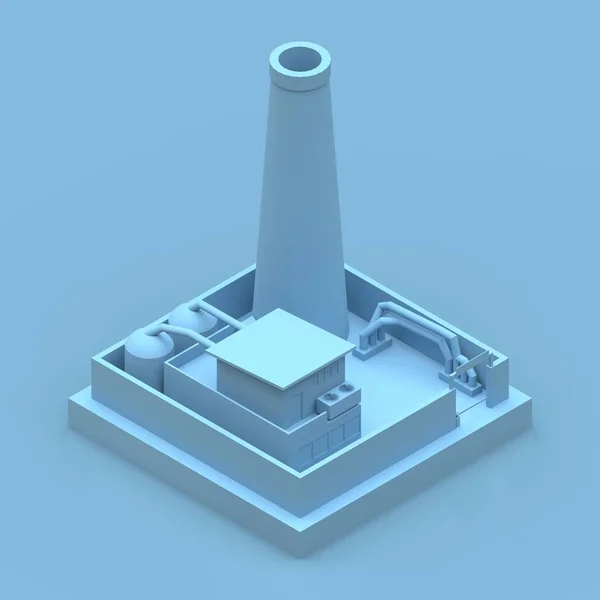 Ισομετρική γελοιογραφία εργοστάσιο στο στυλ του ελάχιστη. Μπλε κτίριο σε μπλε φόντο. 3D rendering. — Φωτογραφία Αρχείου