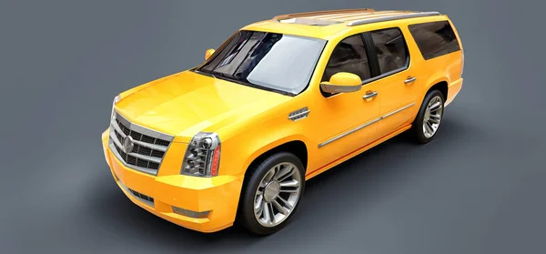 Grande SUV premium amarelo em um fundo cinza. Renderização 3d . — Fotografia de Stock