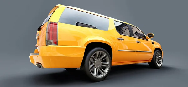 Grande SUV premium amarelo em um fundo cinza. Renderização 3d . — Fotografia de Stock