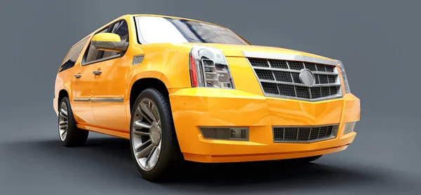 Grande SUV premium amarelo em um fundo cinza. Renderização 3d . — Fotografia de Stock