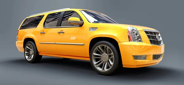 Großer gelber Premium-Geländewagen auf grauem Hintergrund. 3D-Darstellung. — Stockfoto