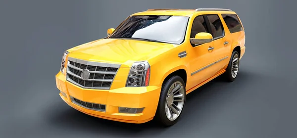 Grande SUV premium amarelo em um fundo cinza. Renderização 3d . — Fotografia de Stock