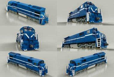 Set modern blue diesel railway locomotive with great power and strength for moving long and heavy railroad train. 3d rendering. clipart