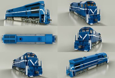 Modern mavi dizel tren lokomotif büyük bir güç ve uzun ve ağır demiryolu tren hareket etmek için gücü ile ayarlayın. 3D render.