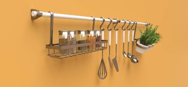Mutfak eşyaları, kuru dökme ve tencere canlı baharatlar duvara asmak. 3D render.