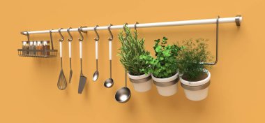 Mutfak eşyaları, kuru dökme ve tencere canlı baharatlar duvara asmak. 3D render.