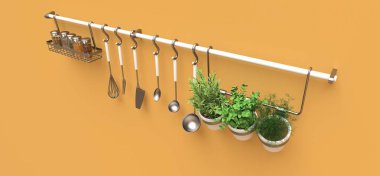 Mutfak eşyaları, kuru dökme ve tencere canlı baharatlar duvara asmak. 3D render.