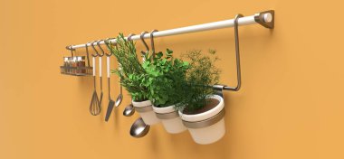 Mutfak eşyaları, kuru dökme ve tencere canlı baharatlar duvara asmak. 3D render.