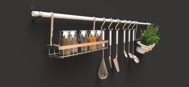 Mutfak eşyaları, kuru dökme ve tencere canlı baharatlar duvara asmak. 3D render.