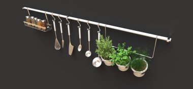 Mutfak eşyaları, kuru dökme ve tencere canlı baharatlar duvara asmak. 3D render.