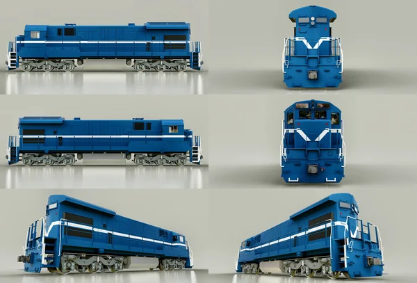 Set modern blue diesel railway locomotive with great power and strength for moving long and heavy railroad train. 3d rendering. — Stock Photo, Image