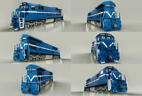 Set modern blue diesel railway locomotive with great power and strength for moving long and heavy railroad train. 3d rendering. — Stock Photo, Image