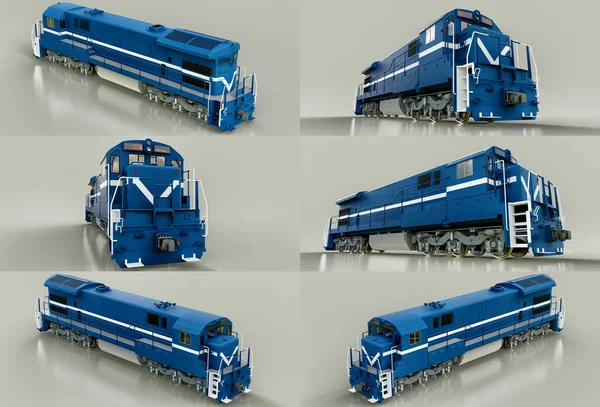 Réglez la locomotive diesel bleue moderne avec beaucoup de puissance et de force pour déplacer le train ferroviaire long et lourd. Rendu 3d . — Photo