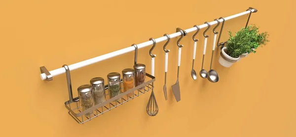 Mutfak eşyaları, kuru dökme ve tencere canlı baharatlar duvara asmak. 3D render. — Stok fotoğraf