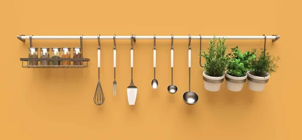 Utensilios de cocina, a granel seco y condimentos vivos en macetas cuelgan de la pared. renderizado 3d . —  Fotos de Stock