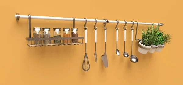 Utensilios de cocina, a granel seco y condimentos vivos en macetas cuelgan de la pared. renderizado 3d . —  Fotos de Stock