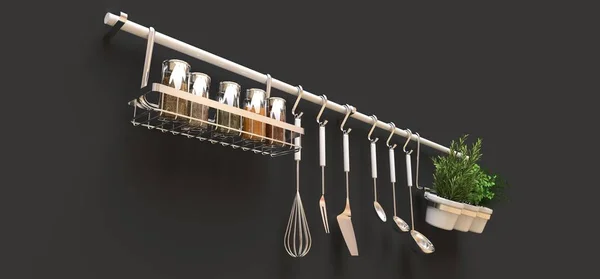 Utensilios de cocina, a granel seco y condimentos vivos en macetas cuelgan de la pared. renderizado 3d . —  Fotos de Stock