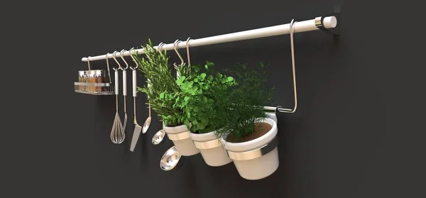 Przybory kuchenne, sypkie i przyprawy na żywo w doniczkach powiesić na ścianie. renderowania 3D. — Zdjęcie stockowe